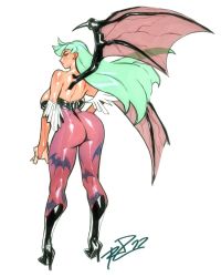 1girl ass backboob breasts cleavage cleavage_cutout clothing_cutout contrapposto demon_girl demon_wings from_behind green_hair high_heels highres large_breasts leotard long_hair looking_at_viewer looking_back monster_girl morrigan_aensland pantyhose revealing_clothes robaato robert_porter sagging_breasts solo tagme darkstalkers veins veiny_wings wings 