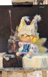 1girl animal_ears animal_hat blonde_hair blue_tabard commentary curtains easel expressionless fox_ears fox_tail frills fumo_(doll) glass_jar hat highres jitome kitsune mob_cap oil_painting_(medium) paint_tube paintbrush painting_(medium) palette_knife signature solo still_life tabard tail touhou traditional_media yakumo_ran yellow_eyes yuuren_kyouko 