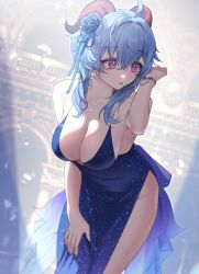  1girl ahoge blue_dress blue_flower blue_hair blue_rose bracelet breasts cleavage dress earrings evening_gown flower ganyu_(genshin_impact) genshin_impact goat_horns hair_flower hair_ornament hand_up highres horns jewelry large_breasts leaning_forward long_hair looking_to_the_side mellozzo necklace parted_lips rose side_slit solo very_long_hair 