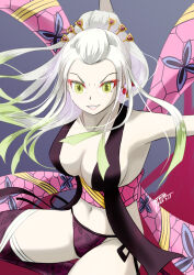  1girl 2024 animal_print breasts butterfly_print center_opening cleavage colored_skin daki_(kimetsu_no_yaiba) dated demon_girl evil_smile eyeliner gradient_eyes gradient_hair green_eyes grey_background hair_ornament hair_stick kimetsu_no_yaiba long_hair makeup medium_breasts multicolored_eyes multicolored_hair navel obi oiran outstretched_arms parted_lips pink_sash purple_thighhighs red_eyeliner revealing_clothes sash sideboob single_bare_shoulder smile solo tanyao teeth text_in_eyes thighhighs two-tone_hair white_hair white_skin 
