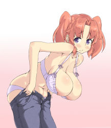 1girl bent_over blue_eyes blush bra breasts bursting_breasts female_focus gradient_background hanging_breasts huge_breasts large_breasts leaning_forward looking_at_viewer mikakunin_de_shinkoukei nipple_slip nipples orange_hair panties purple_eyes sagging_breasts solo strap_gap tareme twintails two_side_up underwear undressing yonomori_kobeni zakoisuto rating:Questionable score:128 user:danbooru