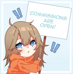  ! !! 1girl 23i2ko :o ad blue_border blue_eyes blunt_bangs blush border brown_hair chibi chibi_only double-parted_bangs english_text hair_between_eyes holding holding_sign hood hood_down hoodie long_hair looking_at_viewer messy_hair orange_hoodie original outside_border sign solo upper_body 