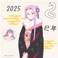  2girls blush breasts chinese_zodiac dress emiya-san_chi_no_kyou_no_gohan fate/stay_night fate_(series) floral_print hair_ribbon happy_new_year highres japanese_clothes kimono long_hair long_sleeves looking_at_viewer matou_sakura medusa_(fate) medusa_(rider)_(fate) multiple_girls new_year purple_eyes purple_hair red_ribbon ribbon seraphu00 shirt smile snake very_long_hair year_of_the_snake 