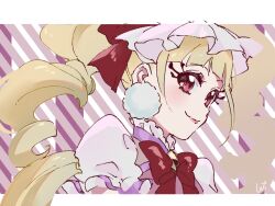  1girl aisaki_emiru blonde_hair blunt_bangs border bow bowtie brooch closed_mouth collared_dress cure_macherie dress drill_hair earrings frilled_dress frilled_sleeves frills hair_bow happy highres hugtto!_precure jewelry large_earrings letterboxed lipstick long_hair makeup mascara neck_ribbon outside_border pink_dress pink_lips pointy_nose pom_pom_(clothes) pom_pom_earrings precure puffy_short_sleeves puffy_sleeves purple_background purple_ribbon red_bow red_bowtie red_eyes ribbon shipu_(gassyumaron) short_sleeves signature smile solo striped_background twin_drills twintails upper_body very_long_hair white_border white_sleeves 