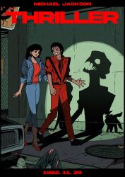  1boy 1girl absurdres album_name artist_name_(singer) black_hair blue_jacket commentary_request dated full_body high_heels highres hohoho0205 holding_hands jacket korean_commentary letterboxed medium_hair michael_jackson ola_ray pants real_life red_jacket red_pants red_shirt red_shoes shadow shirt shoes short_hair smile song_name spotlight thriller_(michael_jackson) 