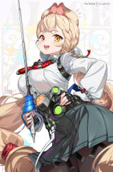  1girl alice_thymefield animal_ears black_gloves black_pantyhose blonde_hair blue_skirt blush braid braided_bangs breasts commentary_request fingerless_gloves gloves hand_on_own_hip heterochromia highres holding holding_sword holding_weapon hong_(white_spider) large_breasts long_hair long_sleeves looking_at_viewer low_twintails open_mouth pantyhose pleated_skirt puffy_sleeves rabbit_ears rabbit_girl rapier red_eyes shirt skirt smile solo sphere_hair_ornament sword twintails weapon white_shirt yellow_eyes zenless_zone_zero 