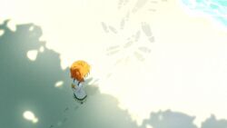  1girl absurdres aged_down arm_behind_back bare_arms bare_shoulders beach child dappled_sunlight dress footprints from_above from_behind full_body highres holding holding_pinwheel nami_(one_piece) one_piece orange_hair outdoors pinwheel sanam_1piece sand sandals short_hair sleeveless sleeveless_dress solo standing sunlight water 