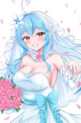  1girl ahoge arlonn blue_hair bouquet breasts cherry_blossoms cleavage cowboy_shot dress flower glint gradient_hair heart heart_ahoge highres hololive jewelry large_breasts long_hair multicolored_hair pink_flower pink_hair pink_petals pink_rose pointy_ears ring rose simple_background solo strapless strapless_dress tears two-tone_hair veil virtual_youtuber wedding_dress white_background white_dress yellow_eyes yukihana_lamy 
