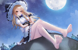  1girl absurdres black_bow black_bowtie black_hat blonde_hair bow bowtie braid breasts cloud commentary commission crossed_legs feet frills hair_bow hat highres kirisame_marisa legs long_hair moon nail_polish night second-party_source see-through_pantyhose sitting sky soles solo star_(sky) starry_sky toenail_polish toenails toes touhou variant_set witch_hat wristband xingchee yellow_eyes 
