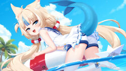  1girl animal_ear_fluff animal_ears ass blonde_hair blue_eyes blue_sky blue_streaks cat_ears chrisandita day dress feet fins fish_tail indie_virtual_youtuber lifebuoy lifebuoy_hair_ornament long_hair looking_at_viewer low_twintails open_mouth outdoors palm_tree paper_boat sailor_dress sameko_saba short_shorts shorts sky sleeveless sleeveless_dress solo swim_ring tail tree twintails virtual_youtuber white_dress white_shorts 