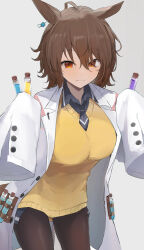  1girl agnes_tachyon_(umamusume) ahoge animal_ears black_pantyhose breasts brown_hair chemical_structure coat dot_nose earrings grey_background grey_necktie hair_between_eyes highres holding holding_test_tube horse_ears horse_girl jewelry lab_coat large_breasts long_sleeves looking_at_viewer medium_hair necktie open_clothes open_coat orange_eyes pantyhose pen short_necktie shuuzo3 simple_background single_earring sleeves_past_fingers sleeves_past_wrists smile solo sweater sweater_vest test_tube umamusume wolf_cut yellow_sweater yellow_sweater_vest 