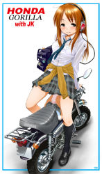 bad_id bad_pixiv_id brown_eyes brown_hair headphones highres honda_gorilla legs long_hair minibike motor_vehicle motorcycle original panties pantyshot reflection retsumaru school_uniform skirt socks solo striped_clothes striped_panties underwear upskirt vehicle rating:Questionable score:5 user:danbooru
