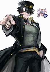  1boy 1girl animal_ears black_eyes black_hair black_headwear black_jacket black_pants blue_hair closed_eyes cosplay genshin_impact highres jacket jojo_no_kimyou_na_bouken jojo_pose kujo_jotaro_(cosplay) kuujou_joutarou ono_daisuke pants pointing sigewinne_(genshin_impact) simple_background voice_actor_connection wriothesley_(genshin_impact) yugonm222 