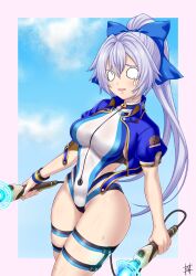  1girl blue_bow blue_jacket blue_one-piece_swimsuit blue_sky blush bow breasts controller fate/grand_order fate_(series) guriguri_(arayotto4351) hair_bow highleg highleg_one-piece_swimsuit highres jacket large_breasts long_hair one-piece_swimsuit open_clothes open_jacket ponytail short_sleeves sky solo swimsuit tearing_up thigh_strap thighs tomoe_gozen_(fate) tomoe_gozen_(swimsuit_saber)_(fate) tomoe_gozen_(swimsuit_saber)_(first_ascension)_(fate) two-tone_swimsuit white_hair white_one-piece_swimsuit wristband 