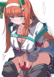  ... 1girl absurdres animal_ears armband blast_onepiece_(umamusume) blunt_bangs blunt_tresses breasts chest_belt collarbone commentary_request ear_covers flat_chest_joke green_eyes hair_ornament hairband highres horse_ears horse_girl horse_tail impossible_clothes itosu200 looking_at_viewer no_bra red_armband sidelocks sideways_glance silence_suzuka_(umamusume) small_breasts solo speech_bubble spoken_ellipsis squatting striped_clothes striped_hairband sweatdrop tail umamusume white_hairband 