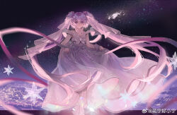  1girl absurdly_long_hair absurdres animal_print bare_shoulders bow bowtie butterfly_print chinese_commentary circlet city clenched_teeth commentary_request determined dot_nose dress eyelashes feet_out_of_frame floating_clothes gown guides_of_star_(shining_nikki) hair_ornament highres huaning_haoxiao_ning lips long_dress long_hair looking_at_viewer night night_sky nikki_(series) outdoors pink_bow pink_bowtie pink_dress pink_hair pink_lips pink_shoes pink_wrist_cuffs purple_eyes shining_nikki shoes sky sleeveless sleeveless_dress solo star_(sky) star_(symbol) star_hair_ornament starry_sky teeth twintails very_long_hair walking watermark wavy_hair weibo_watermark wrist_cuffs 