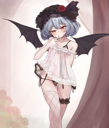  1girl absurdres alternate_costume amedibi arm_behind_back babydoll bat_wings black_babydoll black_hat black_panties black_ribbon blue_hair blush cameltoe closed_mouth commentary_request crossed_legs finger_to_mouth fishnet_thighhighs fishnets flower hand_up hat hat_flower hat_ribbon head_tilt highres huge_filesize loli looking_at_viewer lowleg lowleg_panties mob_cap nightgown outdoors panties partially_visible_vulva red_eyes red_flower red_nails red_rose remilia_scarlet ribbon rose short_hair side-tie_panties slit_pupils smile solo standing thighhighs touhou underwear uneven_eyes watson_cross white_nightgown wings  rating:Questionable score:93 user:danbooru