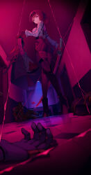  1girl absurdres black_jacket black_pantyhose blood blood_drip bloody_weapon breasts corpse death eyewear_on_head full_body gloves gun hair_between_eyes high-waist_shorts highres holding holding_sword holding_weapon honkai:_star_rail honkai_(series) indoors jacket kafka_(honkai:_star_rail) katana large_breasts long_hair long_sleeves looking_at_viewer looking_back pantyhose pantyhose_under_shorts purple_eyes purple_gloves purple_hair round_eyewear shadow shirt shorts skindentation smile solo sunglasses sword tem weapon white_background white_shirt 