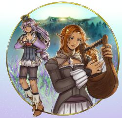  2girls black_shorts black_socks blue_eyes boots brown_boots circlet closed_mouth commentary commission dark-skinned_female dark_skin elf elvaan english_commentary final_fantasy final_fantasy_xi flower grass harp highres holding holding_harp holding_instrument in-universe_location instrument kneehighs lavender_(flower) long_hair long_sleeves low-tied_long_hair multiple_girls music official_art orange_eyes orange_hair peti_(amaipetisu) playing_instrument pointy_ears prishe purple_flower purple_hair shorts smile socks ulmia 