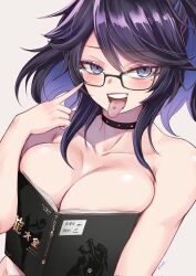  1girl black_choker black_hair blue_eyes blue_hair blush boobs_in_book_(meme) book breasts choker cleavage collarbone colored_inner_hair glasses highres holding holding_book index_finger_raised kivo kson large_breasts looking_at_viewer meme mole mole_under_eye multicolored_hair piercing purple_hair simple_background solo tongue_piercing virtual_youtuber vshojo white_background wide_ponytail 