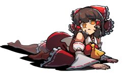  1girl ascot bow brown_eyes brown_hair brown_pantyhose closed_mouth collared_shirt detached_sleeves frilled_bow frilled_hair_tubes frilled_shirt_collar frilled_skirt frills hair_bow hair_tubes hakurei_reimu iganashi1 medium_hair nontraditional_miko one-hour_drawing_challenge pantyhose red_bow red_shirt red_skirt ribbon-trimmed_sleeves ribbon_trim shirt sidelocks simple_background skirt sleeveless sleeveless_shirt solo touhou white_background white_sleeves wide_sleeves yellow_ascot 