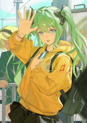  1girl absurdres arm_up black_bag black_skirt blurry cellphone commentary day depth_of_field green_eyes green_hair hatsune_miku highres holding holding_phone hood hooded_jacket jacket long_hair long_sleeves looking_at_viewer open_mouth outdoors phone skirt smartphone sokiu_(dongxiasokiu) solo twintails vocaloid waving yellow_jacket 