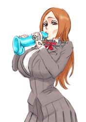  1girl artist_name bleach bow breasts brown_eyes dildo female_focus holding holding_sex_toy ill_yanda_byoki inoue_orihime karakura_high_school_uniform large_breasts long_hair orange_hair parted_bangs red_bow school_uniform sex_toy simple_background skirt solo standing white_background 