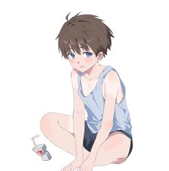  1boy absurdres black_shorts blue_eyes blush brown_hair collarbone commentary_request drinking_straw grey_shirt highres juice_box kiino_(keeeno_7th) lower_teeth_only male_focus open_mouth original shirt short_hair shorts simple_background sitting sleeveless sleeveless_shirt solo tan tank_top tanline teeth white_background 