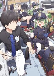  1boy 3girls absurdres aoba_(blue_archive) black_boots blue_archive boots closed_eyes cup demon_tail faceless faceless_male fang gloves green_hair halo hat highres hikari_(blue_archive) holding holding_cup indoors long_hair long_sleeves multiple_girls nozomi_(blue_archive) open_mouth pantyhose parted_lips pointy_ears sensei_(blue_archive) siblings sisters smile tail twins twintails white_gloves white_pantyhose yellow_eyes yukie_(kusaka_shi) 