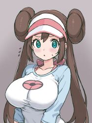  1girl :o blue_eyes blue_shirt blush breasts brown_hair double_bun female_focus grey_background hair_between_eyes hair_bun large_breasts long_hair looking_at_viewer nattocurryumeee nintendo open_mouth poke_ball_print pokemon pokemon_bw2 raglan_sleeves rosa_(pokemon) shirt sidelocks simple_background solo sweat twintails two-tone_shirt upper_body very_long_hair visor_cap white_shirt 