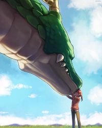 10s 2girls alternate_form cloud cloudy_sky commentary_request day dragon closed_eyes fangs glasses grass highres horns interspecies kiss kobayashi-san_chi_no_maidragon kobayashi_(maidragon) multiple_girls nightea outdoors pants ponytail red_hair scales shirt size_difference sky standing sweater tohru_(dragon)_(maidragon) tohru_(maidragon) twitter_username untucked_shirt yuri rating:Sensitive score:45 user:danbooru