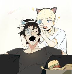  2boys animal_ear_headwear animal_ears arms_up asuka_ryou black_hair black_shirt blonde_hair blue_eyes burger cat_ears closed_eyes collared_shirt commentary couch crew_neck devilman devilman_crybaby doku0226 dot_nose fake_animal_ears fingernails food fudou_akira male_focus multiple_boys nose_bubble open_mouth shirt short_sleeves sitting sleeping sparkle t-shirt teeth upper_teeth_only white_background white_shirt wing_collar 