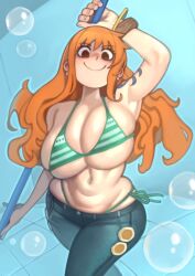  1girl absurdres arm_tattoo armpits bikini bracelet breasts brown_eyes bubble closed_mouth cowboy_shot denim earrings green_bikini highres holding holding_staff huge_breasts jeans jewelry kelvin_hiu long_hair nami_(one_piece) navel one_piece orange_hair pants side-tie_bikini_bottom smile smug solo staff standing string_bikini swimsuit tattoo tile_floor tiles underboob 