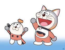  2boys absurdres animal_ears aoiaozora black_eyes chonmage doraemon doraemon_(character) highres island_fox_(kemono_friends) kemono_friends kemono_friends_v_project kiteretsu_daihyakka korosuke looking_at_viewer mechanical_arms mechanical_legs multiple_boys non-humanoid_robot one_eye_closed parody robot simple_background sword tail topknot virtual_youtuber weapon 