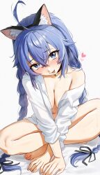  1girl ahoge animal_ear_fluff animal_ears artist_name barefoot bell between_breasts black_ribbon blue_eyes blue_hair braid breasts commentary crossed_bangs english_commentary fake_animal_ears hair_between_eyes hair_ribbon heart highres long_hair long_sleeves looking_at_viewer low_twin_braids medium_breasts mushoku_tensei neck_bell pubic_hair pubic_hair_peek ribbon roxy_migurdia shirt sitting thighs tongue tongue_out twin_braids twitter_username very_long_hair waligner white_shirt 