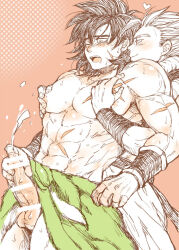  2boys abs bar_censor bare_pectorals black_hair black_vest blush broly_(dragon_ball_super) censored closed_mouth cross_scar cum dragon_ball dragon_ball_super dragon_ball_super_broly embarrassed facial_scar fur_(clothing) gogeta green_fur greyscale grope_from_behind groping hair_between_eyes hands_on_another&#039;s_chest hug hug_from_behind looking_at_another looking_at_penis loose_hair_strand lower_teeth_only male_focus male_masturbation masturbation medium_hair metamoran_vest monochrome multiple_boys muscular muscular_male nipple_stimulation nipple_tweak nipples open_mouth pants partially_undressed pectoral_grab pectorals penis pink_background sash scar scar_on_arm scar_on_cheek scar_on_chest scar_on_face scar_on_stomach short_hair sleeveless smile spiked_hair sweat teeth testicles topless_male vest white_pants wristband yaoi 