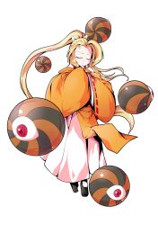  1girl alphes_(style) black_shoes blonde_hair commentary_request dairi detached_sleeves eyeball full_body hair_ribbon hands_up high_ponytail highres japanese_clothes large_variant_set long_hair long_skirt long_sleeves orange_shirt parody ponytail red_eyes ribbon ribbon-trimmed_clothes ribbon-trimmed_sleeves ribbon_trim shirt shoes single_hair_intake skirt solo style_parody tachi-e touhou touhou_(pc-98) transparent_background undershirt variant_set very_long_hair white_ribbon white_shirt white_skirt wide_sleeves yuugenmagan 