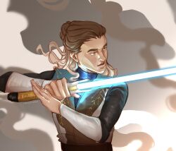  1boy blue_eyes blue_lightsaber brown_hair energy_sword highres holding holding_sword holding_weapon lightsaber long_hair looking_to_the_side nataliab_draws solo star_wars sword upper_body weapon 