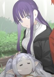  1boy 2girls :3 =_= black_coat breasts bush closed_mouth coat collar collared_dress commentary_request dappled_sunlight day dress fern_(sousou_no_frieren) forest frieren frilled_collar frills hand_on_another&#039;s_head highres hood hooded_coat itame_moyashi lap_pillow large_breasts long_hair long_sidelocks long_sleeves looking_at_viewer lying multiple_girls nature on_back open_clothes open_coat outdoors parted_lips purple_eyes purple_hair shade sidelocks sleeping sousou_no_frieren stark_(sousou_no_frieren) sunlight twintails white_dress white_hair 