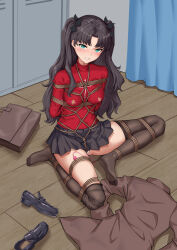  1girl absurdres aqua_eyes arms_behind_back bdsm black_bow black_hair black_shoes black_thighhighs blush bondage bound bow breasts breasts_apart chinese_commentary clenched_teeth commentary_request commission crop_top cross cross_print egg_vibrator eyelashes fate/stay_night fate_(series) feet full_body gluteal_fold hair_bow highres indoors loafers long_hair looking_at_viewer medium_breasts miniskirt nipple_stimulation no_shoes panties parted_bangs pleated_skirt print_sweater red_sweater second-party_source sex_toy shibari shoes sitting skirt soles solo sweater t_zhonglang teeth thighhighs thighs toes tohsaka_rin tsurime turtleneck turtleneck_sweater two_side_up underwear unworn_shoes upturned_eyes variant_set very_long_hair vibrator vibrator_cord vibrator_in_thigh_strap vibrator_on_nipple white_panties zettai_ryouiki 
