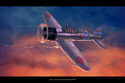  a6m_zero absurdres aircraft airplane black_border blue_sky border firing glass_cockpit highres military_vehicle muzzle_flash no_humans original propeller_fighter sky vehicle_focus war_thunder world_war_ii youotaku 