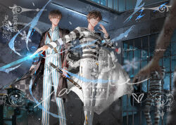  2boys absurdres aura bars black_coat black_hair black_pants blue_pants blurry character_request checkered_clothes coat collared_shirt copyright_request crew_neck depth_of_field dual_wielding feet_out_of_frame glasses hair_between_eyes hand_up highres holding holding_scalpel holding_sword holding_weapon hospital_gown light_particles long_sleeves looking_at_another looking_at_viewer male_focus multiple_boys open_clothes open_coat out_of_frame outstretched_arm pants people prison_cell prison_clothes prisoner sample_watermark scalpel sheath sheathed shirt shirt_tucked_in short_hair smile snowflakes striped_clothes striped_pants striped_shirt sword too_many_watermarks untucked_shirt unworn_coat vertical-striped_clothes vertical-striped_pants watermark weapon weibo_watermark whitcle white_coat white_pants white_shirt 