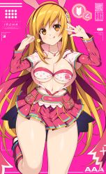  1girl animal_ears beatmania_(series) beatmania_iidx beatmania_iidx_32_pinky_crush belt bemani bikini bikini_top_only blonde_hair blush breasts candy cleavage commentary_request fake_animal_ears food gyaru headphones highres holding holding_candy holding_food holding_lollipop jacket jewelry kinoshita_ichi large_breasts leg_up lollipop long_hair looking_at_viewer navel necklace orange_eyes pink_background pink_skirt qr_code rabbit_ears skirt solo swimsuit tongue tongue_out umegiri_iroha very_long_hair w 