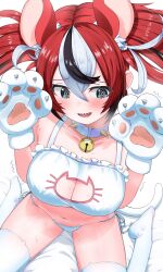  1girl @_@ absurdres animal_ears animal_hands bell blue_eyes breasts cat_cutout cat_lingerie cleavage clothing_cutout collar commentary dice_hair_ornament gloves hair_ornament hakos_baelz highres hololive hololive_english meme_attire mouse_ears multicolored_hair navel neck_bell nobarts paw_gloves red_hair sharp_teeth sitting spiked_collar spikes streaked_hair tail teeth thighhighs twintails virtual_youtuber wariza white_thighhighs 