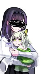  2girls absurdres aged_down arknights carrying carrying_person censored censored_identity closed_mouth commentary_request facing_viewer green_eyes green_hair hamaing001 highres kal&#039;tsit_(arknights) korean_commentary long_hair long_sleeves multiple_girls priestess_(arknights) purple_hair short_hair simple_background white_background 