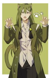  1boy absurdres arms_up black_pants cat_boy coat collared_shirt dress_shirt fangs green_coat green_hair hair_down highres library_of_ruina long_hair male_focus netzach_(project_moon) open_mouth pants paw_pose project_moon shirt solo stellaofastra white_shirt 