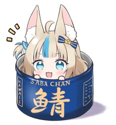  1girl :3 :d ahoge animal_ear_fluff animal_ears blonde_hair blue_eyes blue_hair cat_ears character_name chibi chibi_only commentary hair_ornament highres in_container indie_virtual_youtuber looking_at_viewer mini_person minigirl multicolored_hair notice_lines one_side_up open_mouth peeking_out pun sameko_saba simple_background siragagaga smile solo streaked_hair translated two-tone_hair virtual_youtuber white_background 