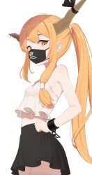 1girl absurdres armpit_crease black_skirt blonde_hair breasts chain contemporary cowboy_shot crop_top cuffs hand_on_own_hip highres horn_ornament horn_ribbon horns ibuki_suika long_hair looking_at_viewer mask miniskirt mouth_mask oeyama orange_hair ponytail ribbon sidelocks skirt slit_pupils small_breasts solo touhou very_long_hair rating:Sensitive score:10 user:danbooru