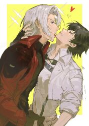  1boy 1girl black_hair coat dante_(devil_may_cry) devil_may_cry_(netflix) devil_may_cry_(series) highres jacket lady_(devil_may_cry) medium_hair open_clothes open_jacket red_coat sanqie shirt short_hair skirt sunglasses white_hair white_shirt 