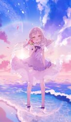  1girl :d cloud collared_dress copyright_notice dress flower frilled_dress frills full_body grey_hair highres holding holding_flower hololive long_hair looking_at_viewer murasaki_shion ocean official_art open_mouth outdoors short_eyebrows short_sleeves sky smile solo standing straight-on tousaki_shiina virtual_youtuber water white_dress yellow_eyes 